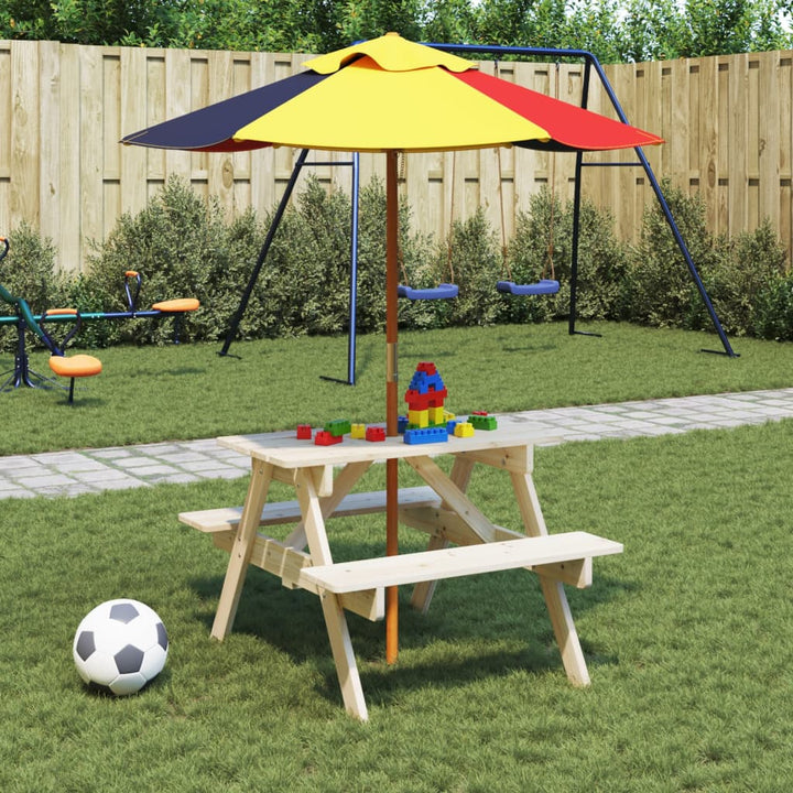 Masă De Picnic Pentru 4 Copii, Cu Umbrelă, Lemn Masiv Brad
