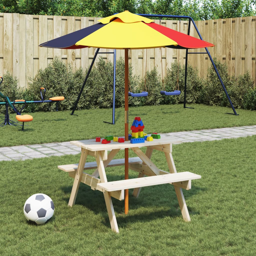 Masă De Picnic Pentru 4 Copii, Cu Umbrelă, Lemn Masiv Brad