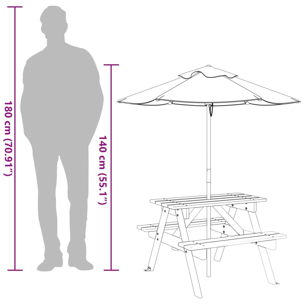 Masă De Picnic Pentru 4 Copii, Cu Umbrelă, Lemn Masiv Brad