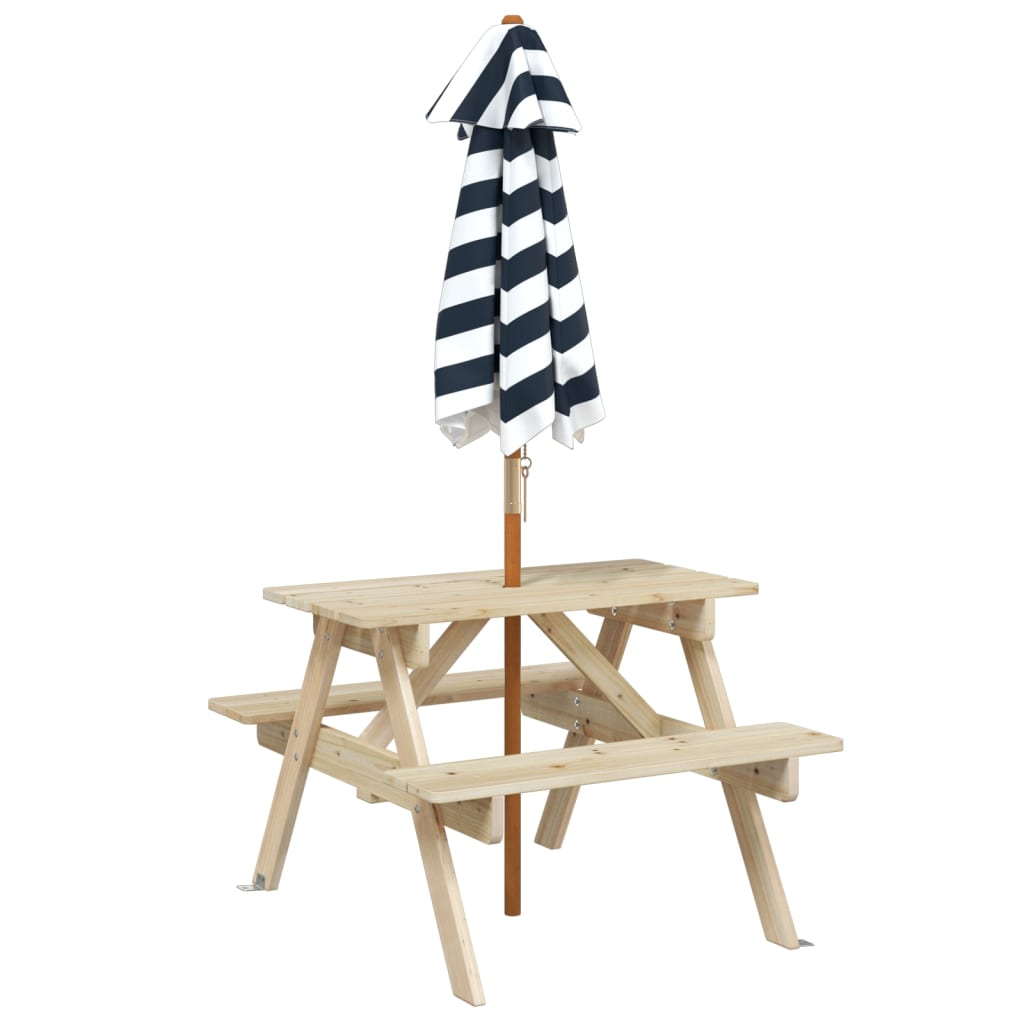 Masă De Picnic Pentru 4 Copii, Cu Umbrelă, Lemn Masiv Brad