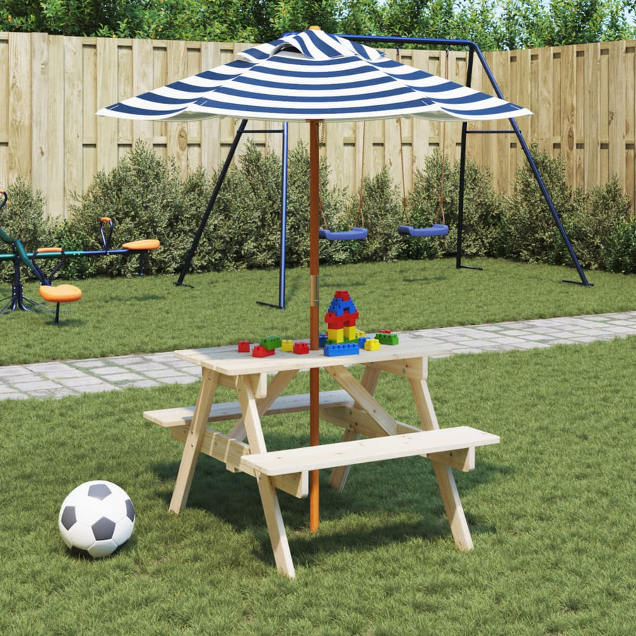 Masă De Picnic Pentru 4 Copii, Cu Umbrelă, Lemn Masiv Brad
