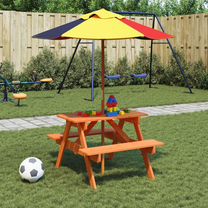 Masă De Picnic Pentru 4 Copii, Cu Umbrelă, Lemn Masiv Brad