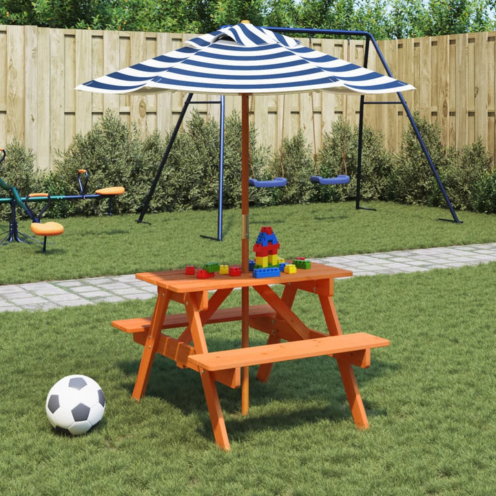 Masă De Picnic Pentru 4 Copii, Cu Umbrelă, Lemn Masiv Brad