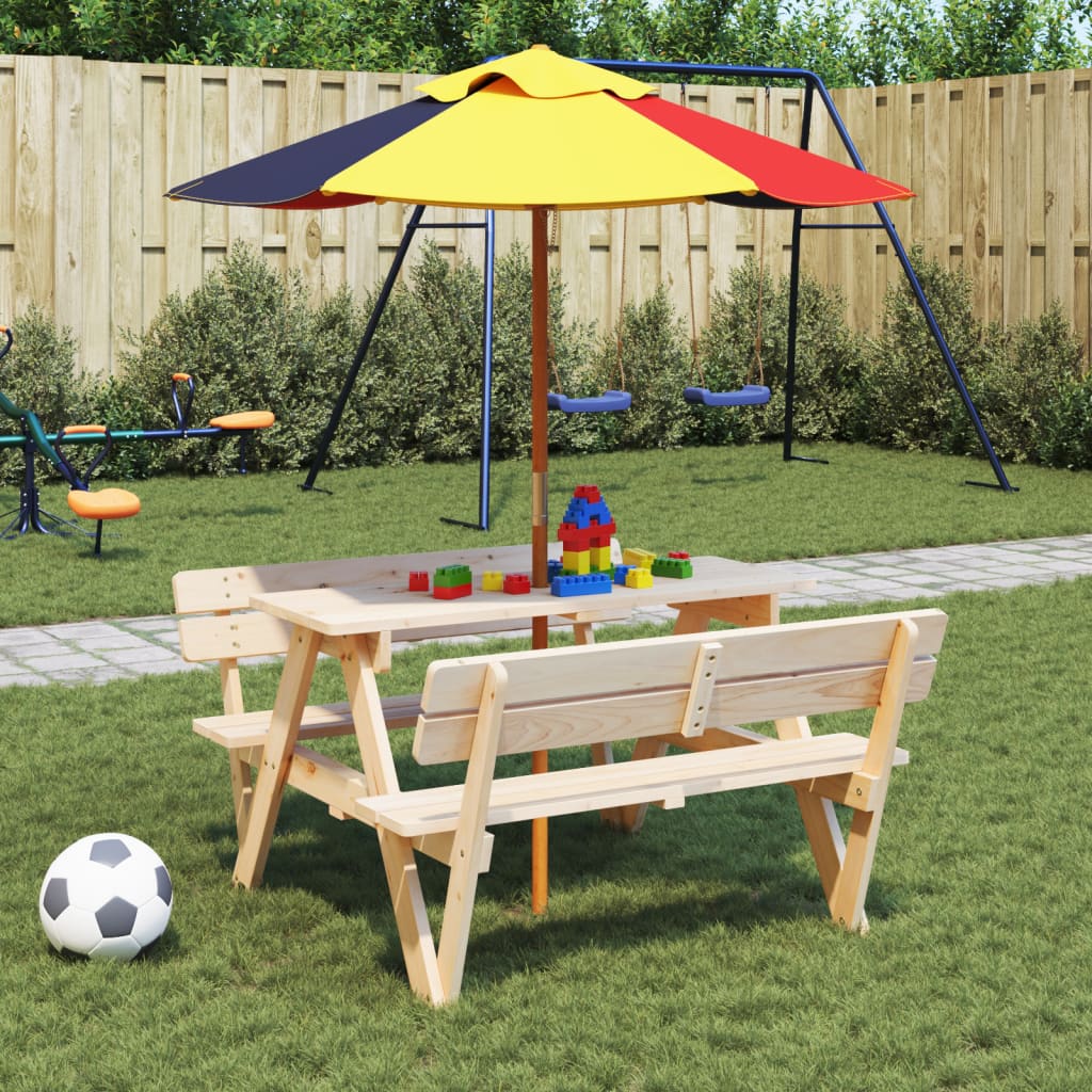 Masă De Picnic Pentru 4 Copii, Cu Umbrelă, Lemn Masiv Brad