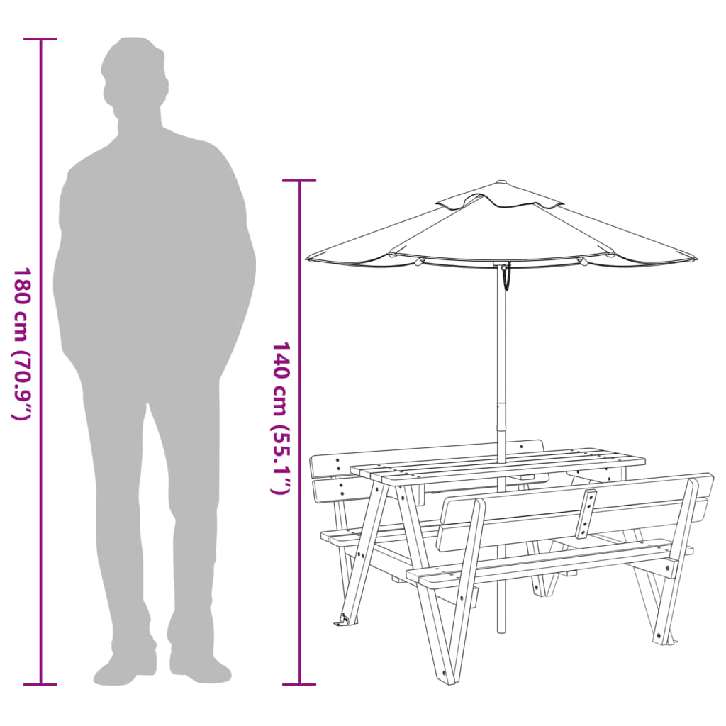 Masă De Picnic Pentru 4 Copii, Cu Umbrelă, Lemn Masiv Brad