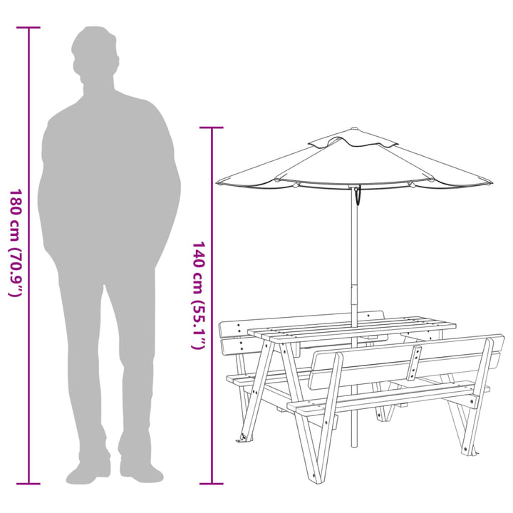 Masă De Picnic Pentru 4 Copii, Cu Umbrelă, Lemn Masiv Brad
