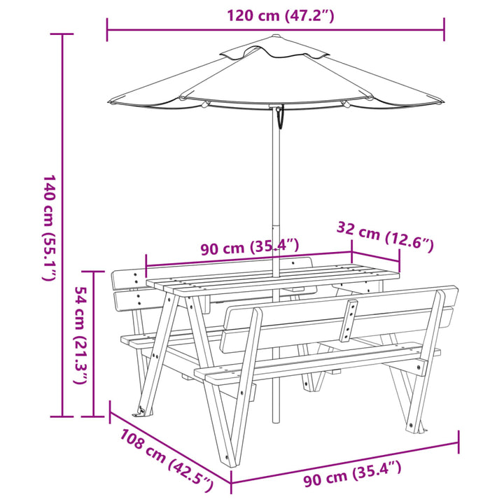 Masă De Picnic Pentru 4 Copii, Cu Umbrelă, Lemn Masiv Brad
