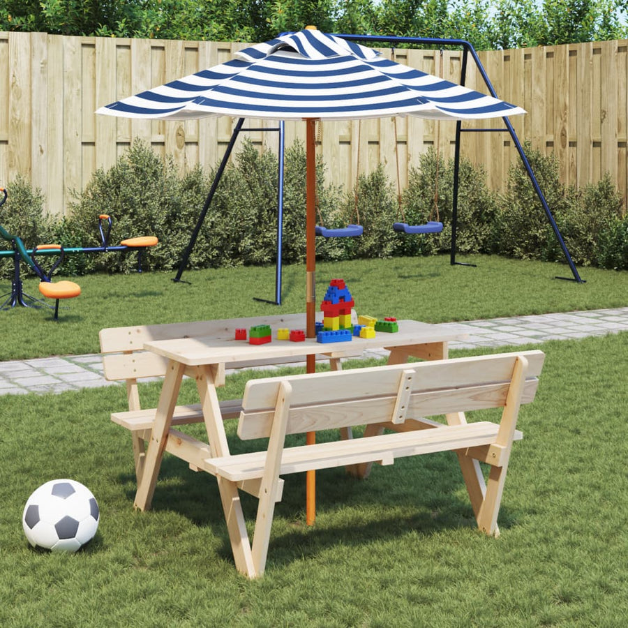 Masă De Picnic Pentru 4 Copii, Cu Umbrelă, Lemn Masiv Brad