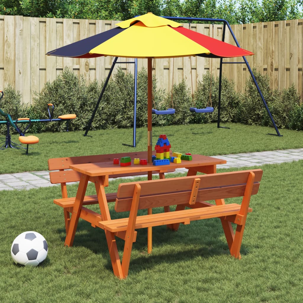 Masă De Picnic Pentru 4 Copii, Cu Umbrelă, Lemn Masiv Brad