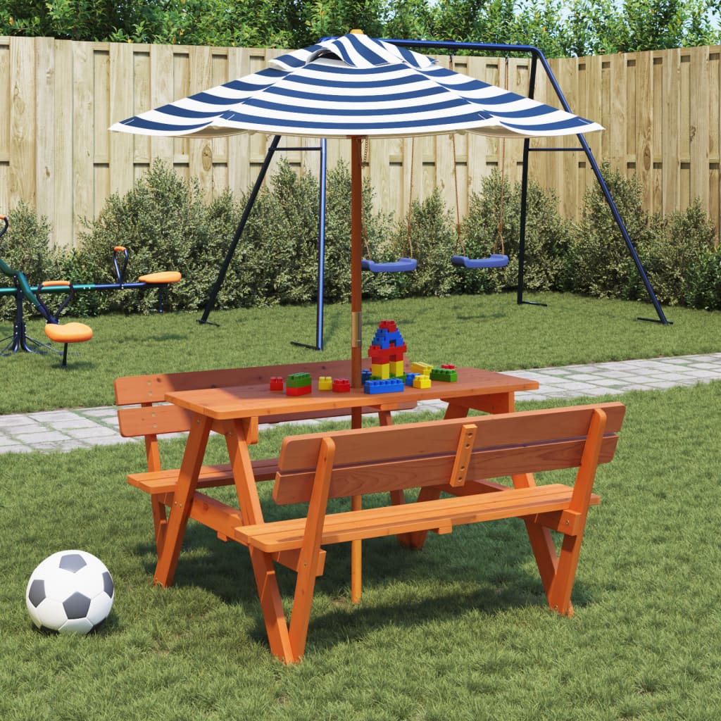 Masă De Picnic Pentru 4 Copii, Cu Umbrelă, Lemn Masiv Brad