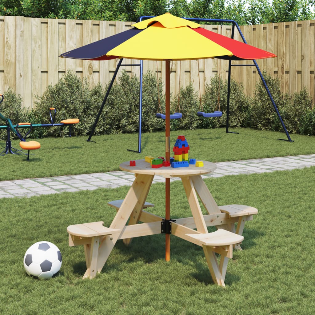 Masă Picnic Pentru 4 Copii Cu Umbrelă, Rotundă, Lemn Masiv Brad
