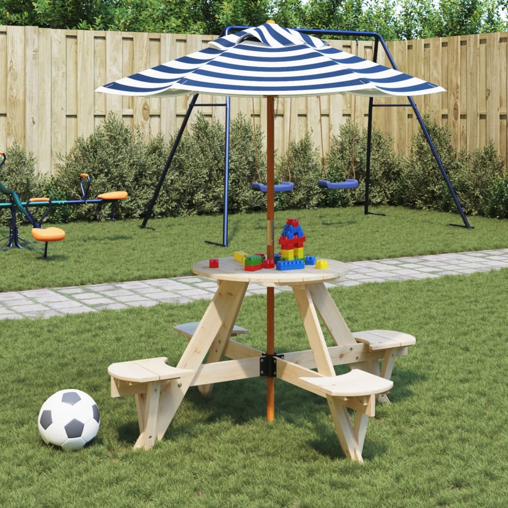 Masă Picnic Pentru 4 Copii Cu Umbrelă, Rotundă, Lemn Masiv Brad
