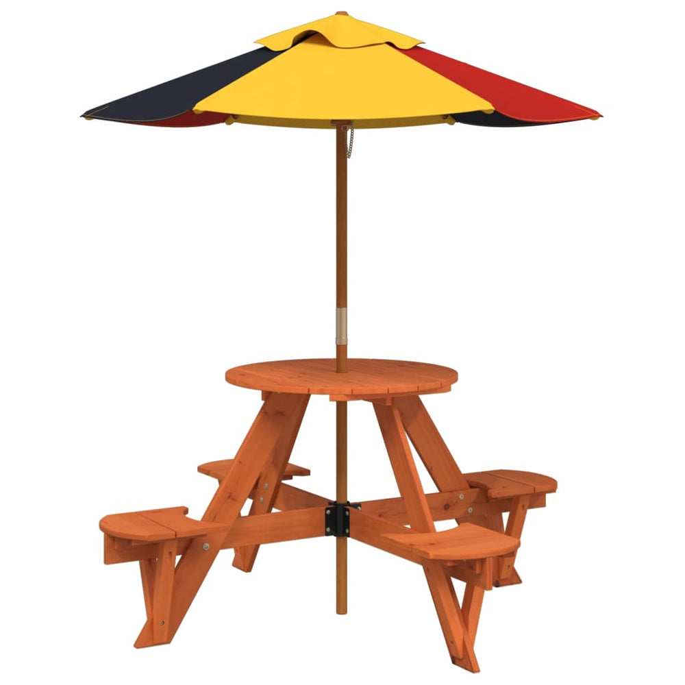 Masă Picnic Pentru 4 Copii Cu Umbrelă, Rotundă, Lemn Masiv Brad