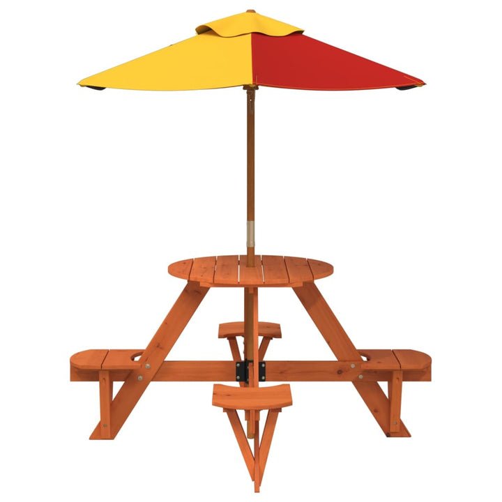 Masă Picnic Pentru 4 Copii Cu Umbrelă, Rotundă, Lemn Masiv Brad