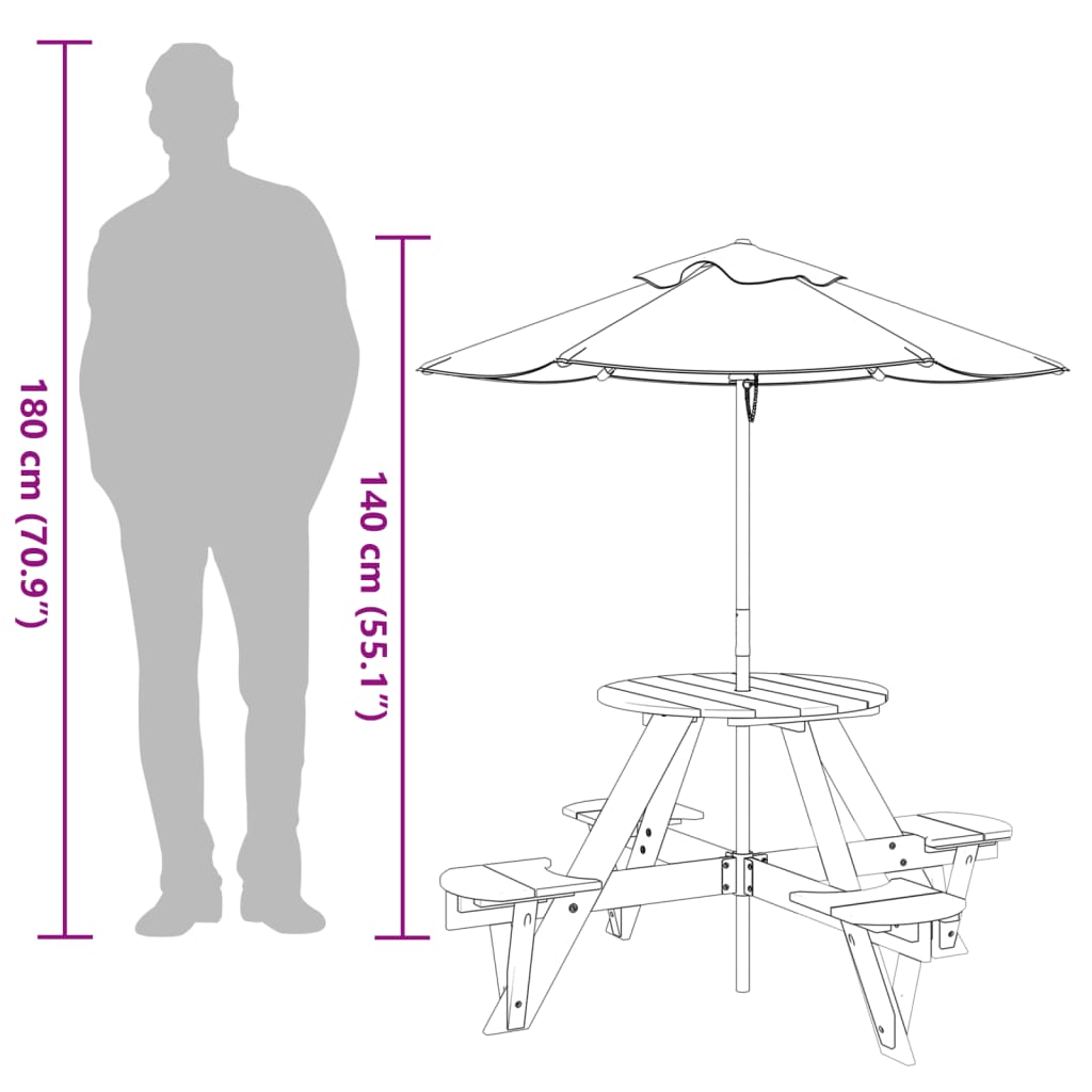 Masă Picnic Pentru 4 Copii Cu Umbrelă, Rotundă, Lemn Masiv Brad