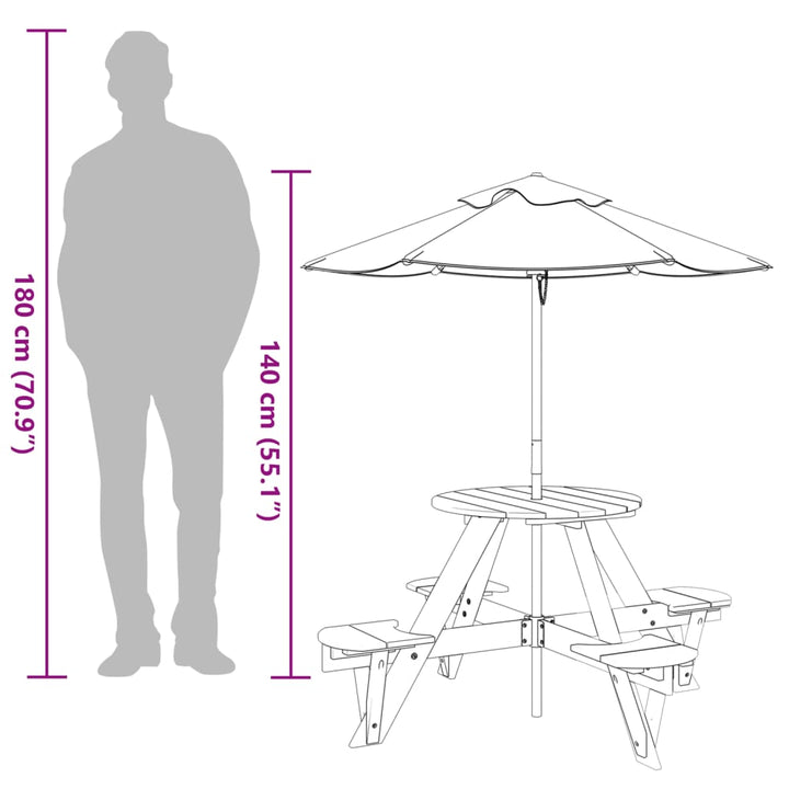 Masă Picnic Pentru 4 Copii Cu Umbrelă, Rotundă, Lemn Masiv Brad