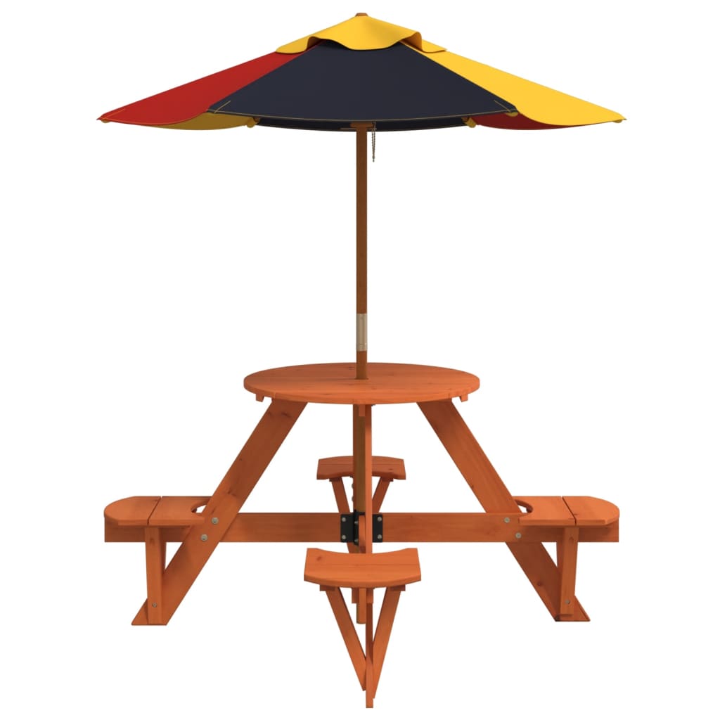 Masă Picnic Pentru 4 Copii Cu Umbrelă, Rotundă, Lemn Masiv Brad