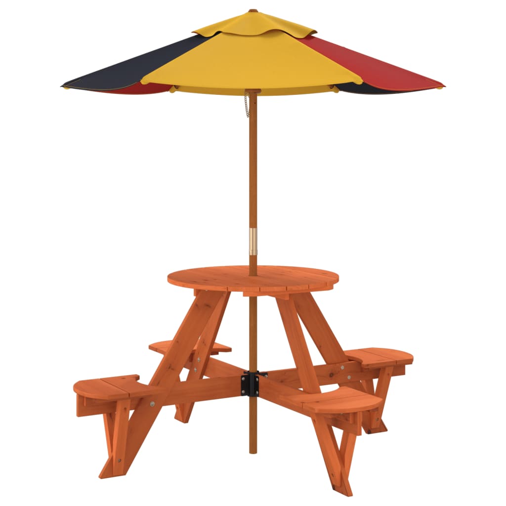 Masă Picnic Pentru 4 Copii Cu Umbrelă, Rotundă, Lemn Masiv Brad