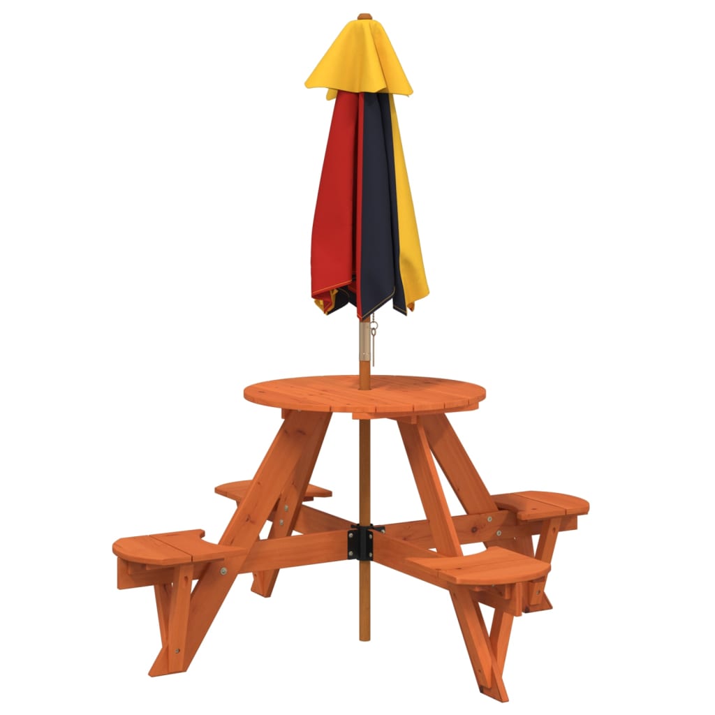 Masă Picnic Pentru 4 Copii Cu Umbrelă, Rotundă, Lemn Masiv Brad