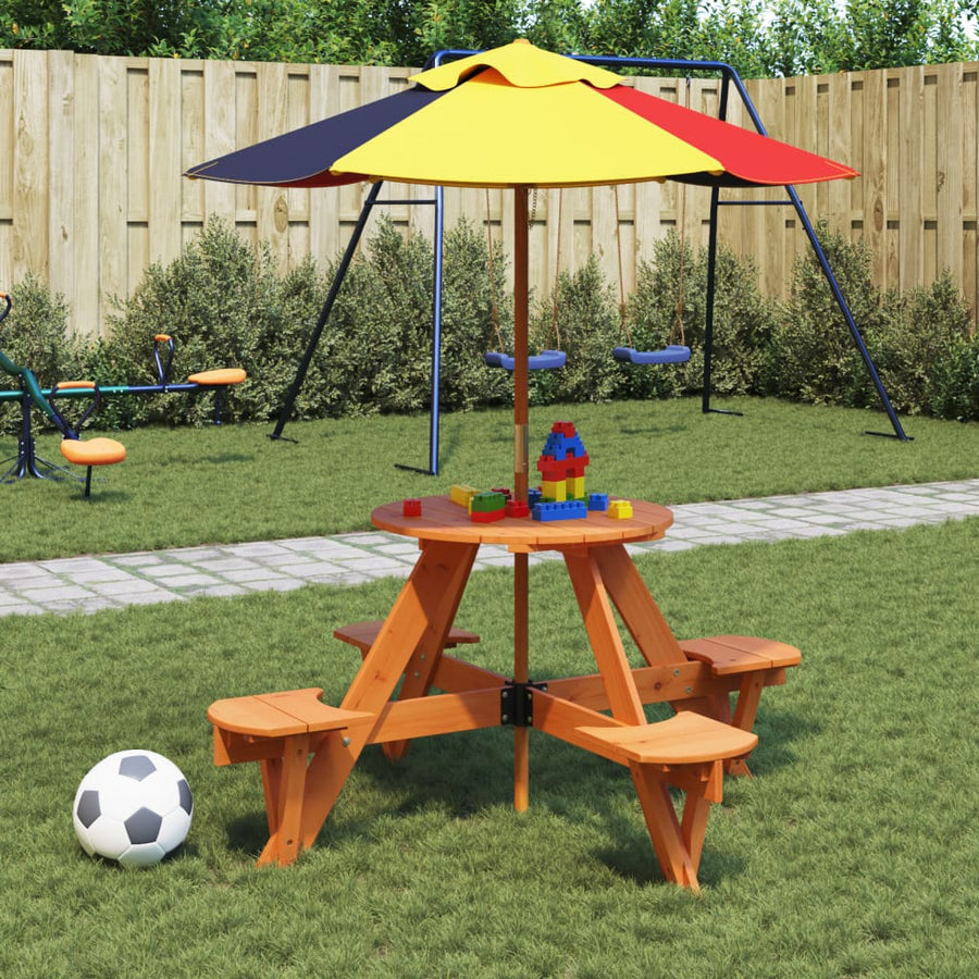 Masă Picnic Pentru 4 Copii Cu Umbrelă, Rotundă, Lemn Masiv Brad