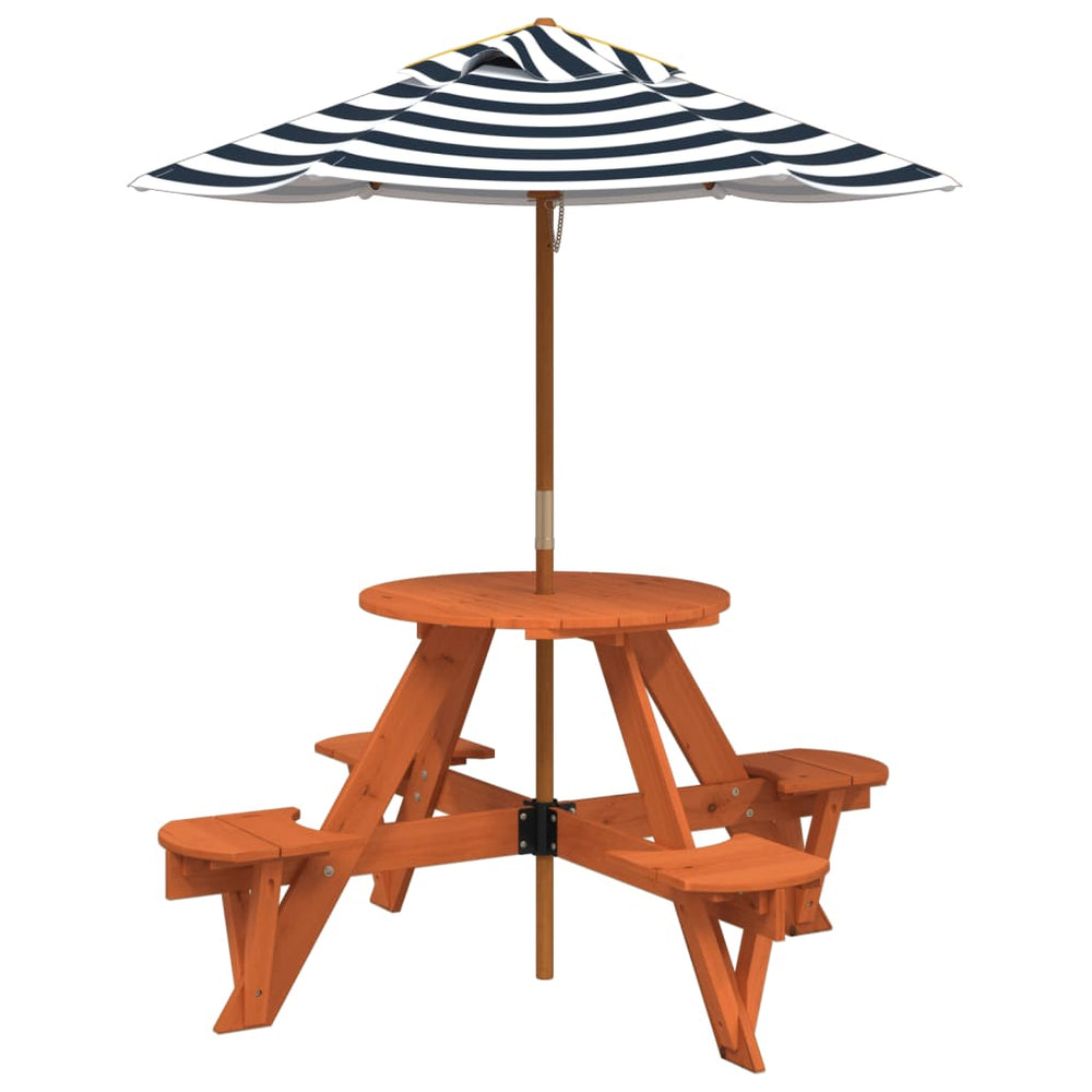 Masă Picnic Pentru 4 Copii Cu Umbrelă, Rotundă, Lemn Masiv Brad