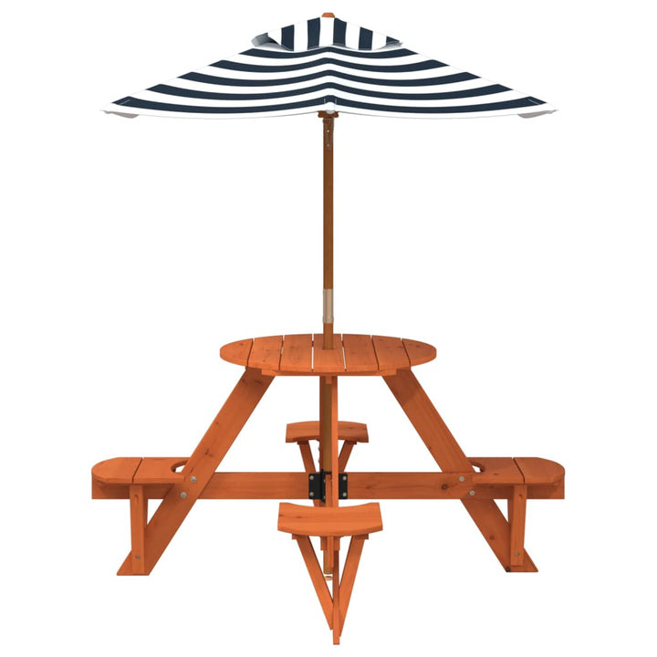 Masă Picnic Pentru 4 Copii Cu Umbrelă, Rotundă, Lemn Masiv Brad