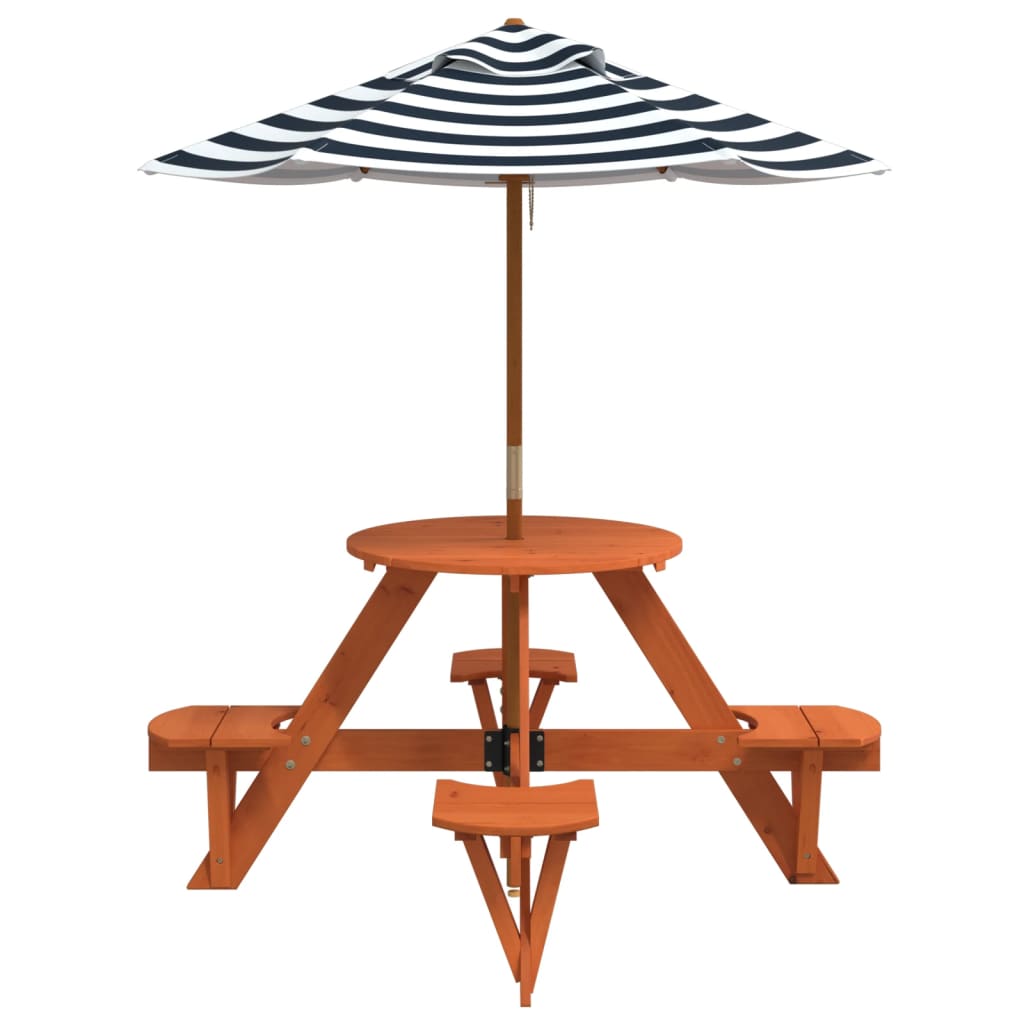 Masă Picnic Pentru 4 Copii Cu Umbrelă, Rotundă, Lemn Masiv Brad
