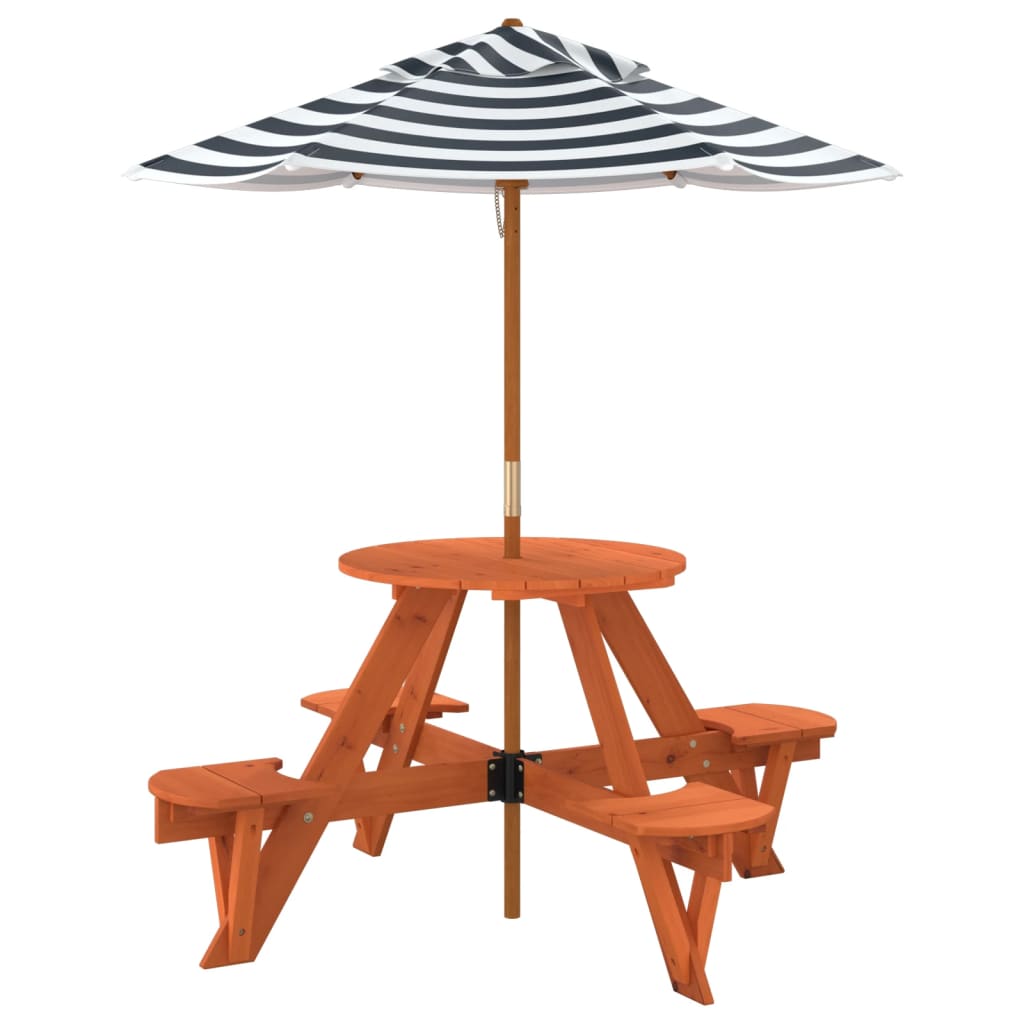 Masă Picnic Pentru 4 Copii Cu Umbrelă, Rotundă, Lemn Masiv Brad