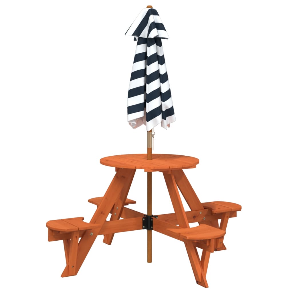 Masă Picnic Pentru 4 Copii Cu Umbrelă, Rotundă, Lemn Masiv Brad