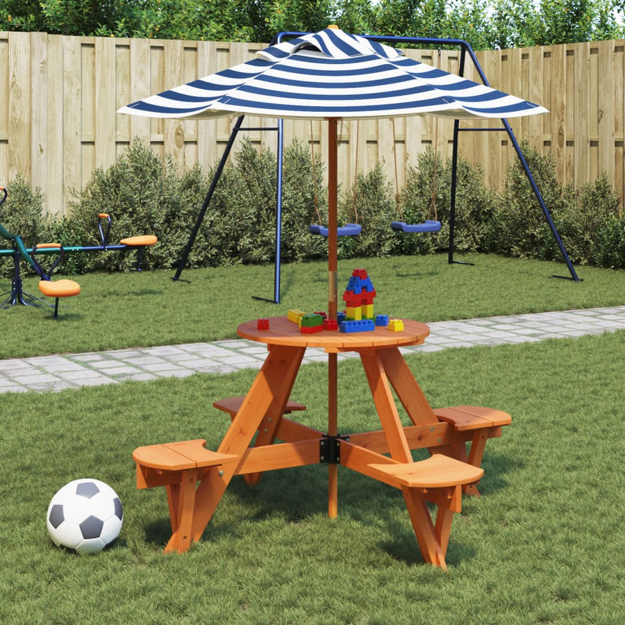 Masă Picnic Pentru 4 Copii Cu Umbrelă, Rotundă, Lemn Masiv Brad