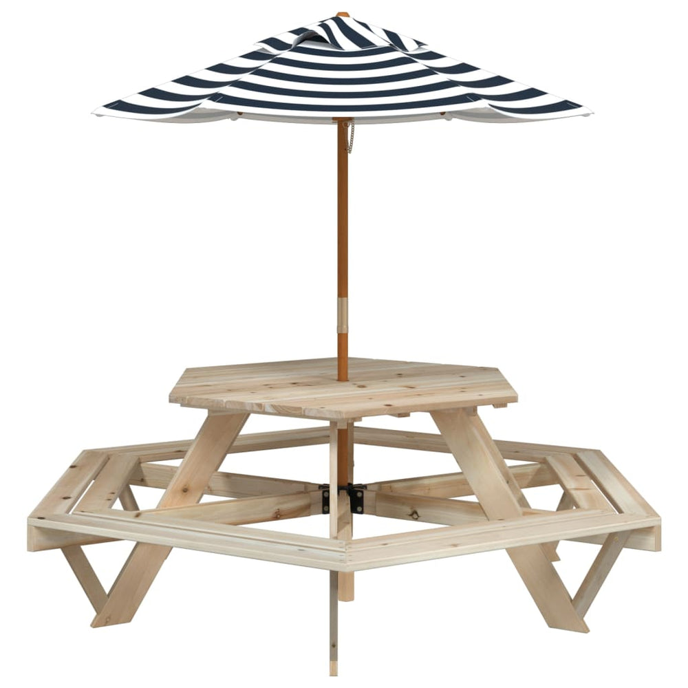 Masă Picnic Pentru 6 Copii Cu Umbrelă, Hexagon, Lemn Masiv Brad