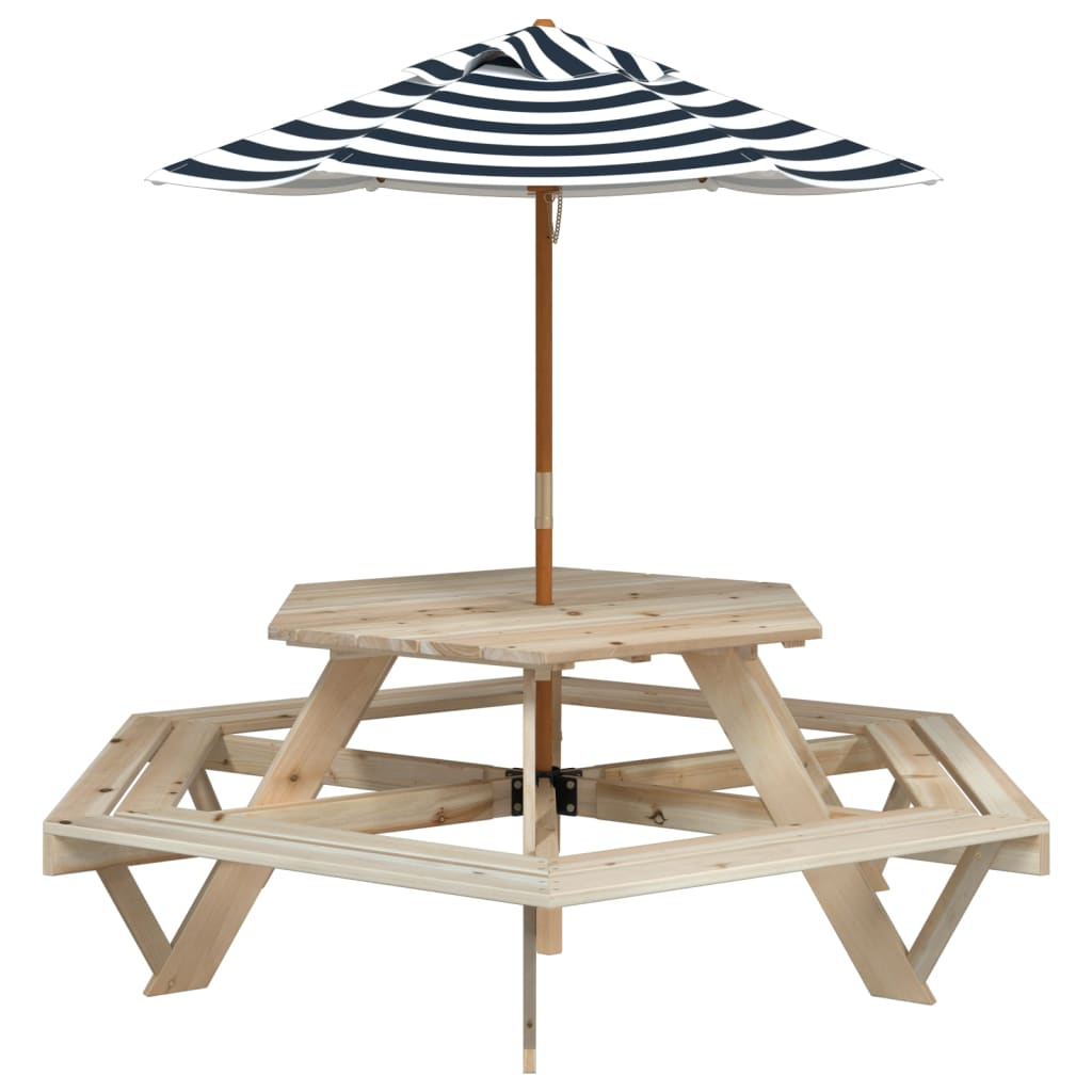 Masă Picnic Pentru 6 Copii Cu Umbrelă, Hexagon, Lemn Masiv Brad