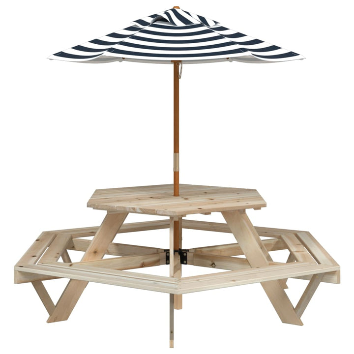 Masă Picnic Pentru 6 Copii Cu Umbrelă, Hexagon, Lemn Masiv Brad