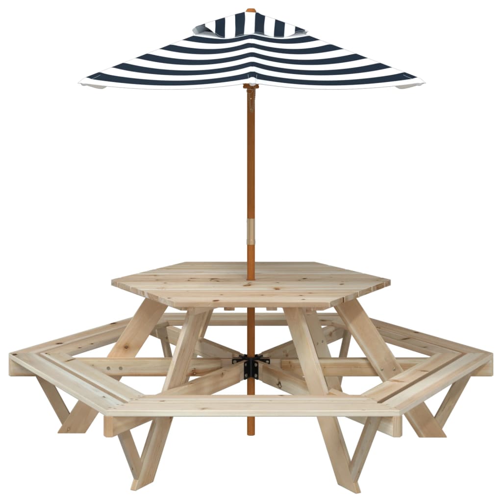 Masă Picnic Pentru 6 Copii Cu Umbrelă, Hexagon, Lemn Masiv Brad