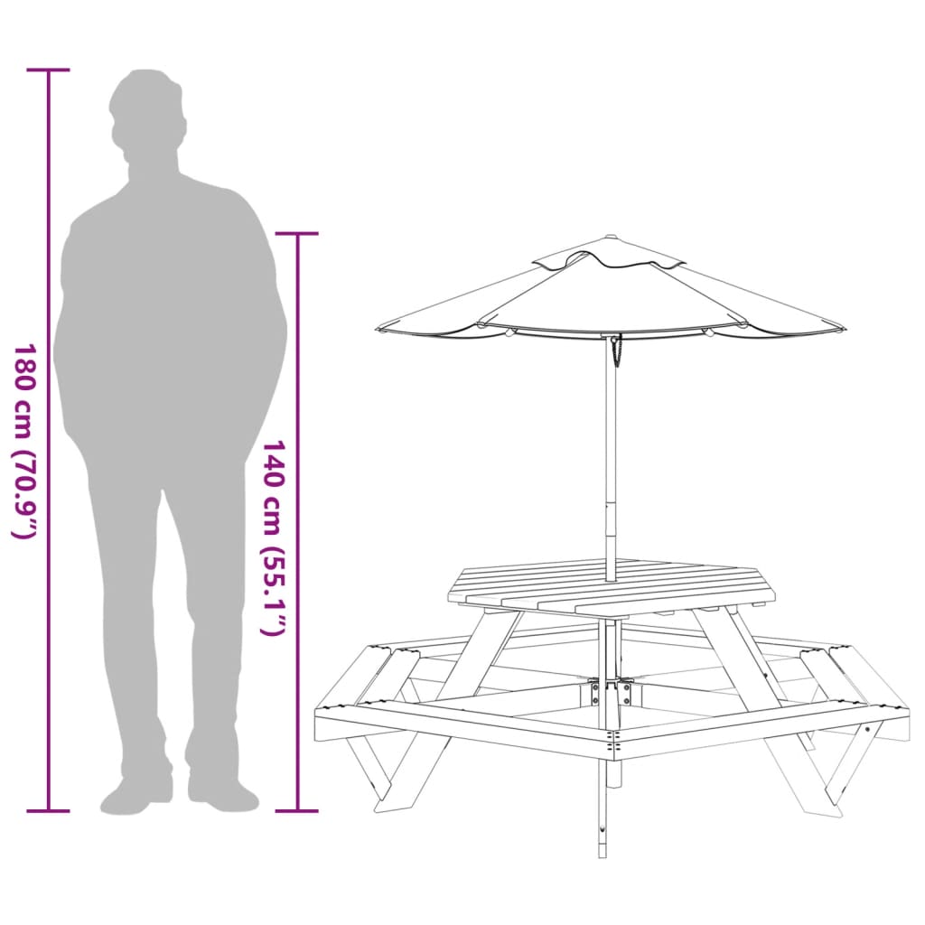Masă Picnic Pentru 6 Copii Cu Umbrelă, Hexagon, Lemn Masiv Brad
