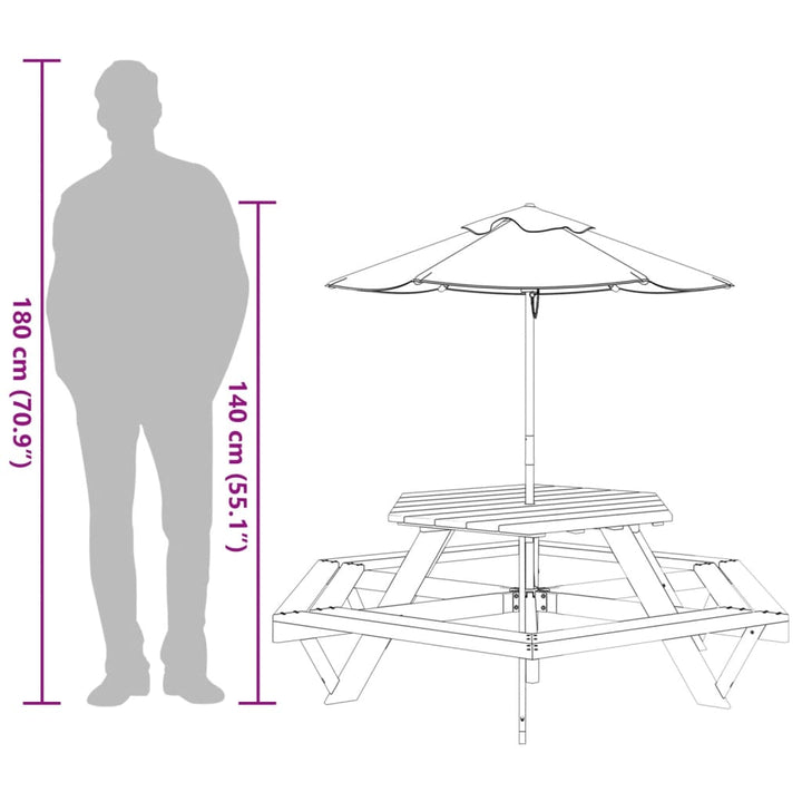 Masă Picnic Pentru 6 Copii Cu Umbrelă, Hexagon, Lemn Masiv Brad