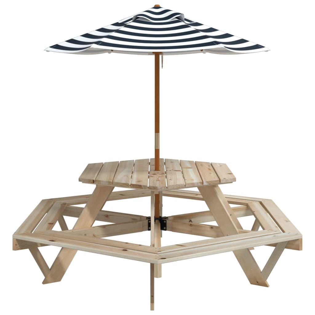 Masă Picnic Pentru 6 Copii Cu Umbrelă, Hexagon, Lemn Masiv Brad