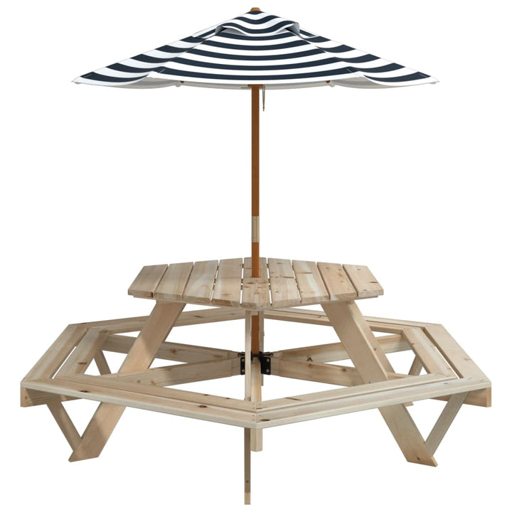 Masă Picnic Pentru 6 Copii Cu Umbrelă, Hexagon, Lemn Masiv Brad
