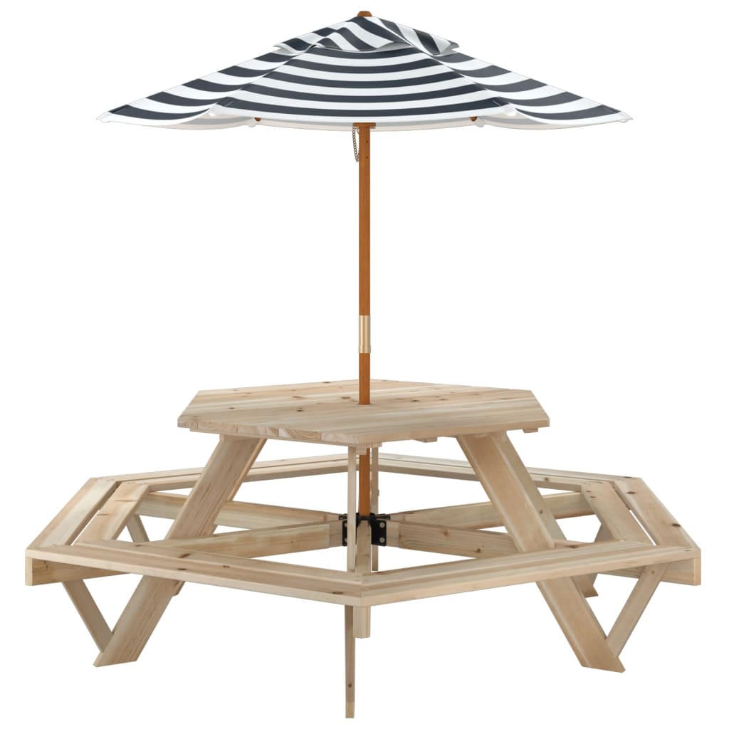 Masă Picnic Pentru 6 Copii Cu Umbrelă, Hexagon, Lemn Masiv Brad