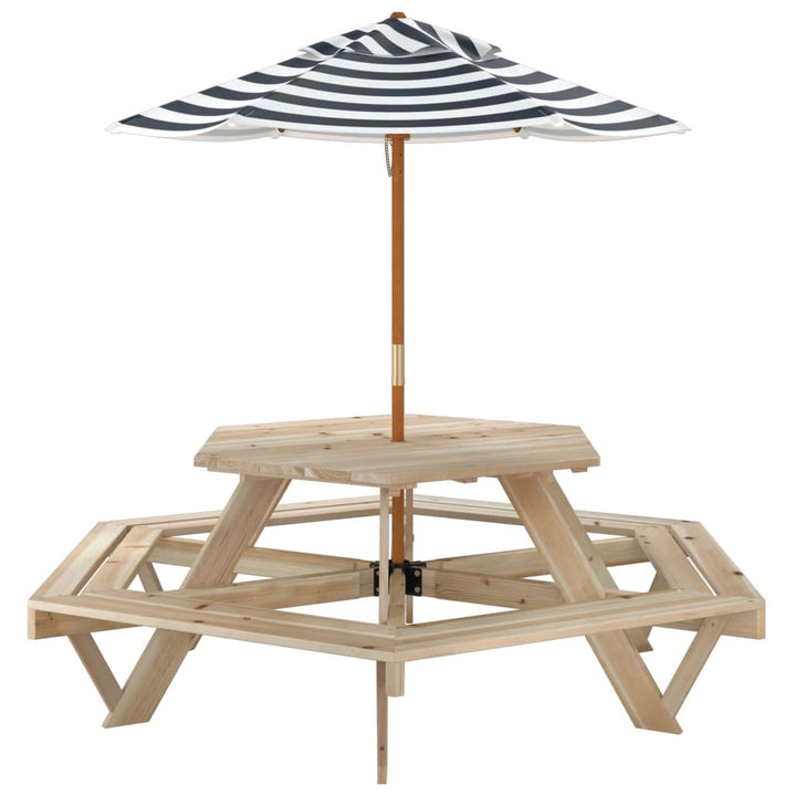 Masă Picnic Pentru 6 Copii Cu Umbrelă, Hexagon, Lemn Masiv Brad