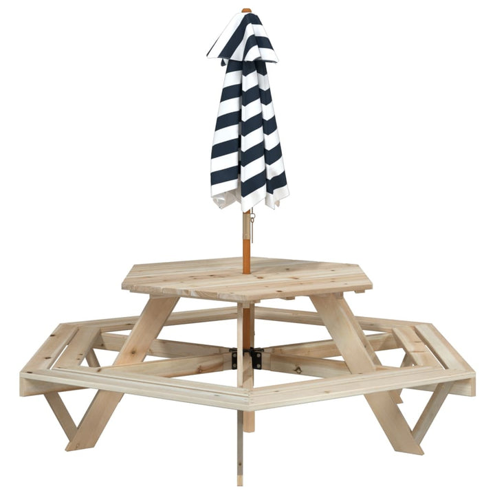 Masă Picnic Pentru 6 Copii Cu Umbrelă, Hexagon, Lemn Masiv Brad