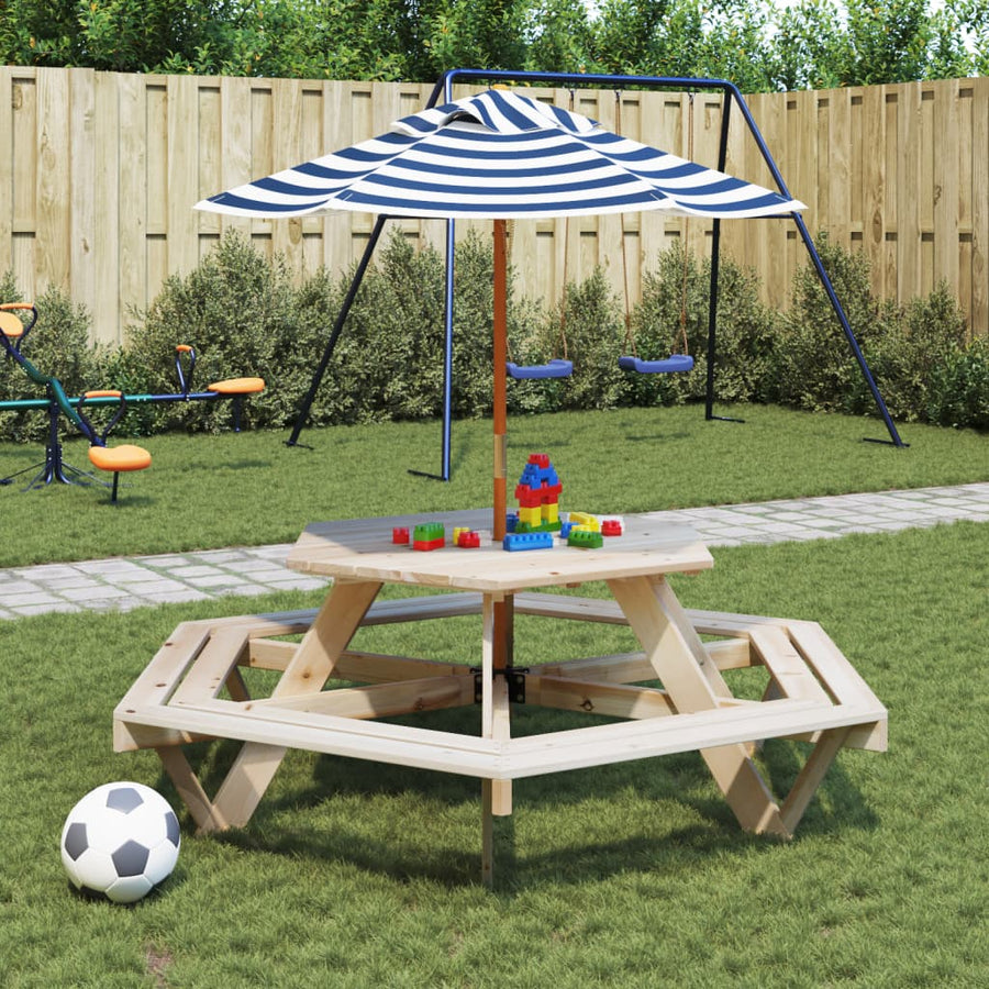 Masă Picnic Pentru 6 Copii Cu Umbrelă, Hexagon, Lemn Masiv Brad