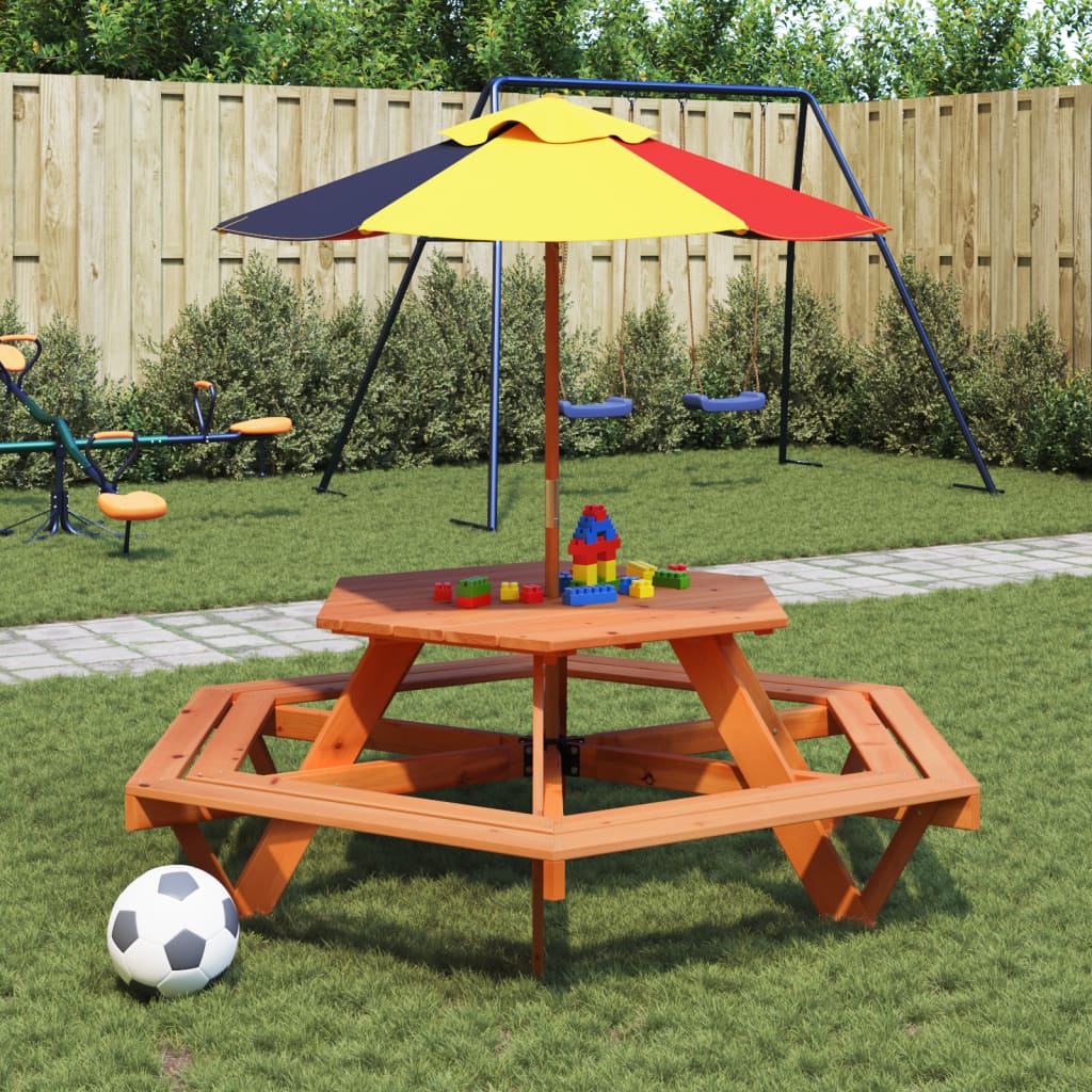 Masă Picnic Pentru 6 Copii Cu Umbrelă, Hexagon, Lemn Masiv Brad
