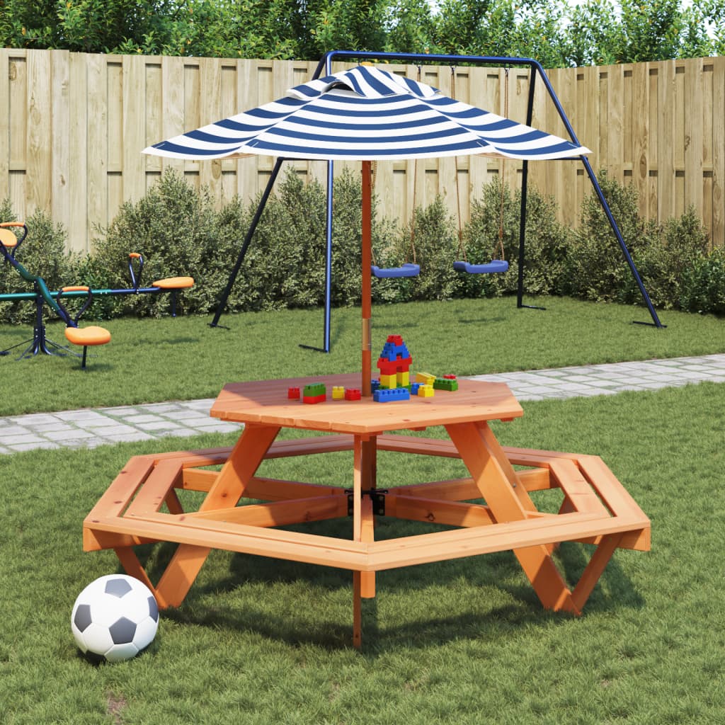 Masă Picnic Pentru 6 Copii Cu Umbrelă, Hexagon, Lemn Masiv Brad