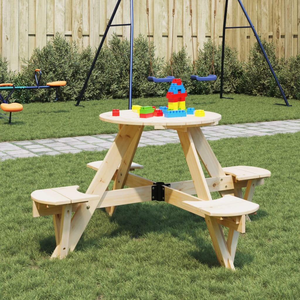 Masă Picnic Pentru 4 Copii Cu Umbrelă, Rotundă, Lemn Masiv Brad