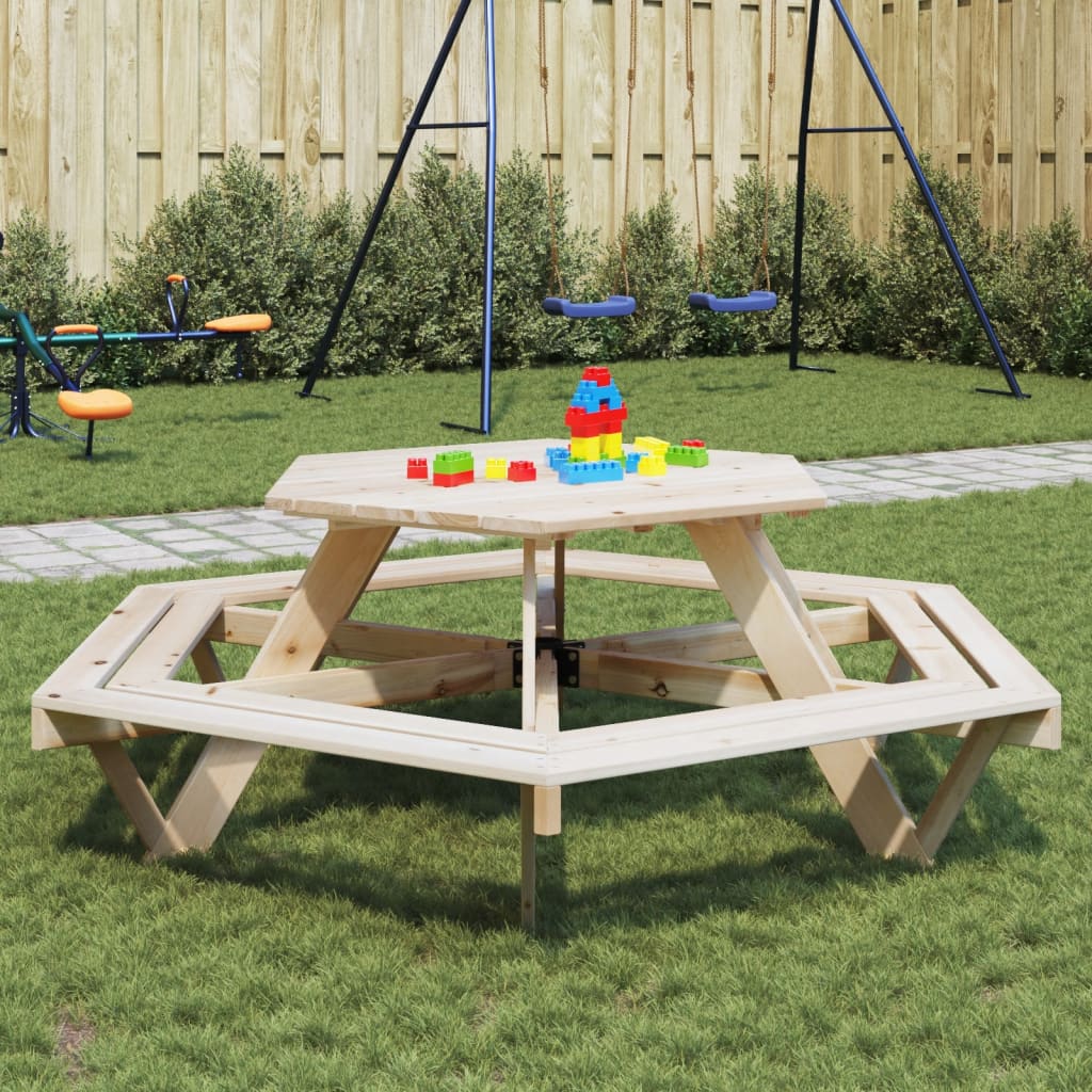 Masă Picnic Pentru 6 Copii Cu Umbrelă, Hexagon, Lemn Masiv Brad