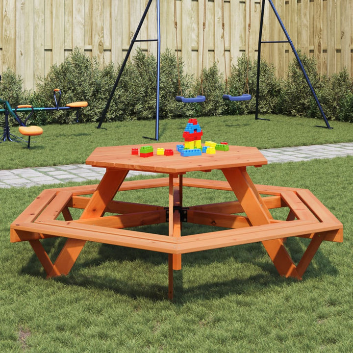 Masă Picnic Pentru 6 Copii Cu Umbrelă, Hexagon, Lemn Masiv Brad