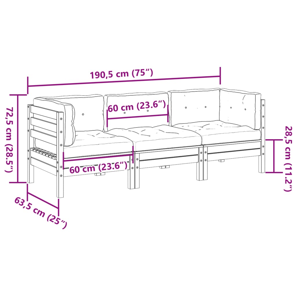 Set Mobilier De Grădină Cu Perne, 3 Piese, Lemn Masiv De Pin