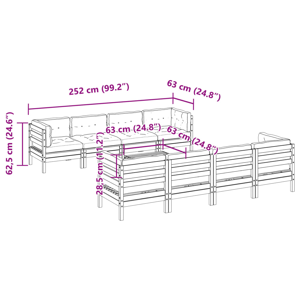 Set Mobilier De Grădină Cu Perne, 9 Piese, Lemn Masiv De Pin