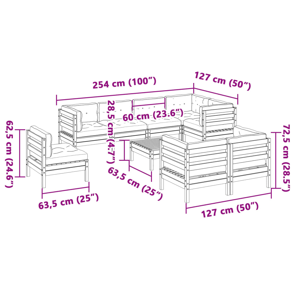 Set Mobilier De Grădină Cu Perne, 9 Piese, Lemn Masiv De Pin